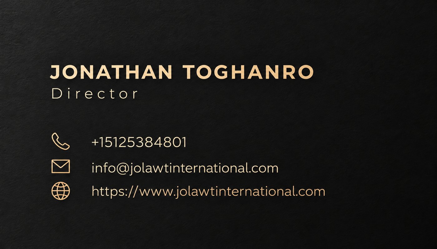 Front of card: Jonathan Toghanro, Director, with phone, email and website